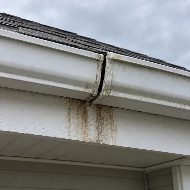 Inspection example: marked separated gutter joint and fascia staining.