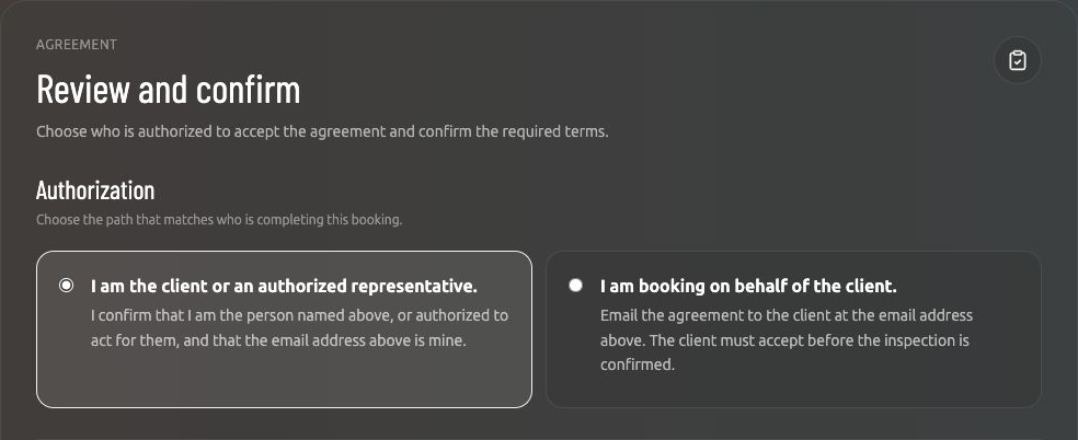 Actual agreement choices for a client or authorized representative, or booking on behalf of a client.