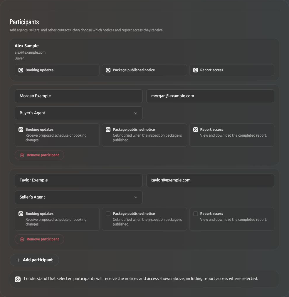 Actual participant roles, booking-update and publication notices, and report access permissions. Fictional people.