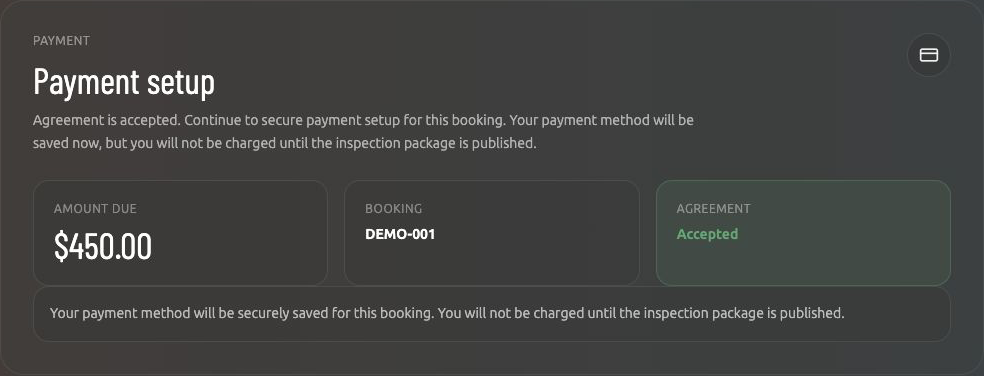 Actual payment setup explaining that payment is collected after publication. Fictional booking and amount.