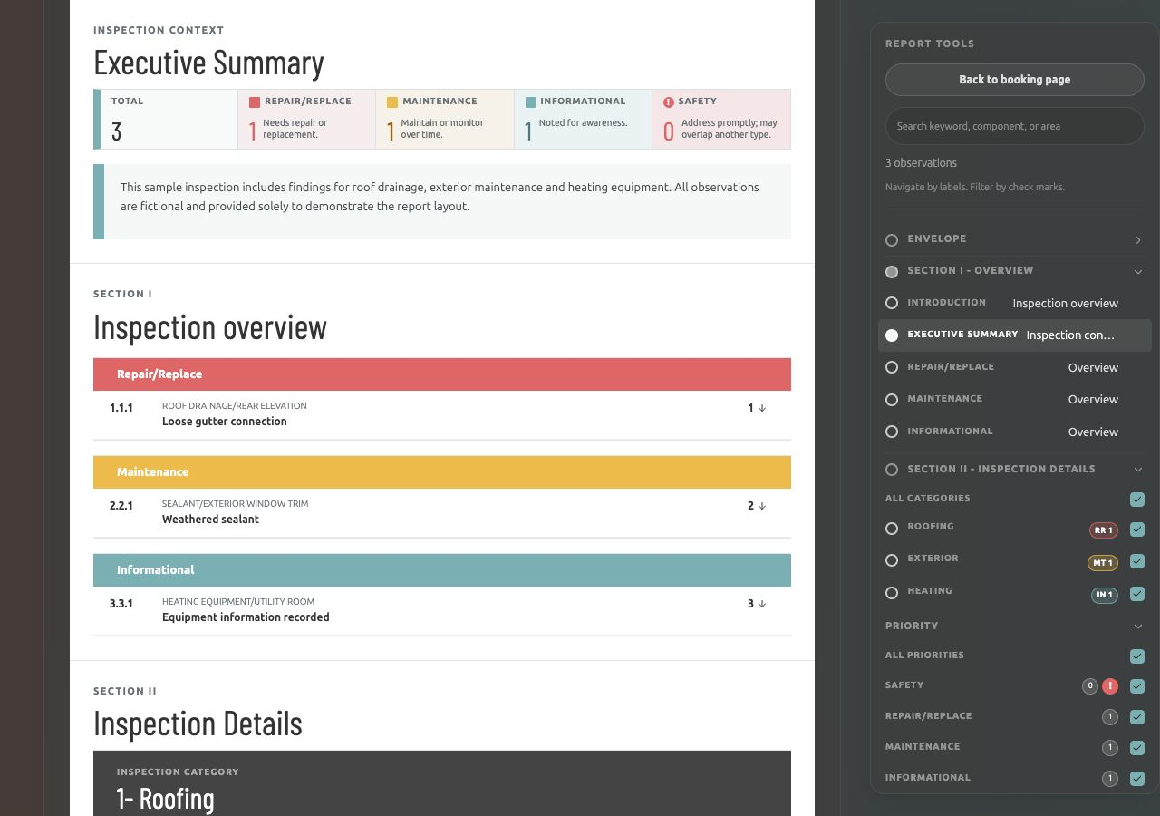 Actual individual inspection report summary with fictional inspection findings.