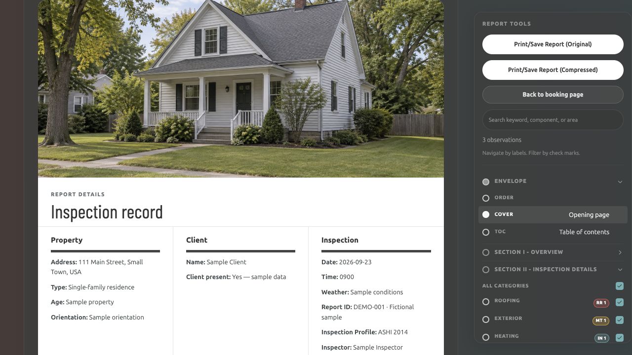 Print custom, filtered views: fictional report for 111 Main Street, Small Town, USA by Inspection Company