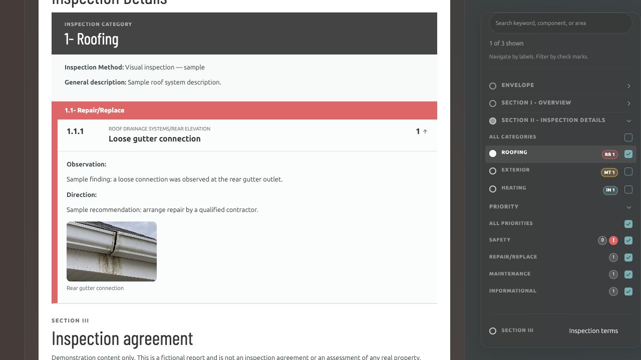 Focus on what matters with filters: fictional report for 111 Main Street, Small Town, USA by Inspection Company